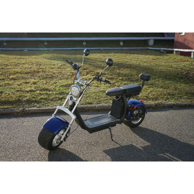 Elektrická koloběžka EcoWheel GR11X 40Ah 2000W - modrá (Tmax Scooter EEC CE50 NEW MATT Chopper 60V/1500W Harley style APP bluetooth - double seat)