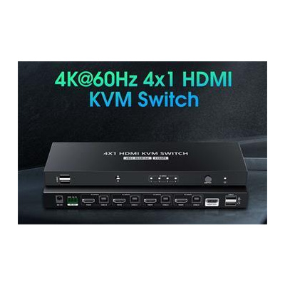 PremiumCord 4K@60Hz HDMI2.0 KVM switch 4:1 s dálkovým ovladačem; khswit41e