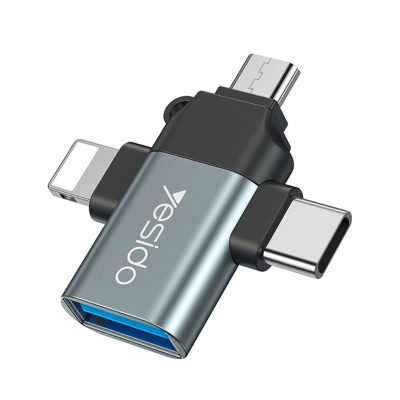 AppleMix Přepojka / adaptér / redukce OTG YESIDO - USB-C / Micro USB / Lightning na USB-A samice - 3v1 - šedá