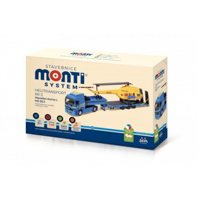 Seva - Stavebnice Monti System MS 58.3 Helitransport MI-2 Mercedes Actros L 1:48 v krabici 31,5x21x8cm