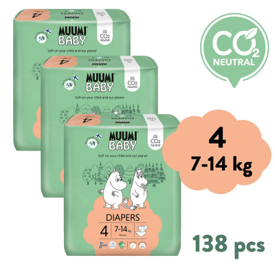 Muumi Baby 4 Maxi 7–14 kg (138 ks), měsíční balení eko plen