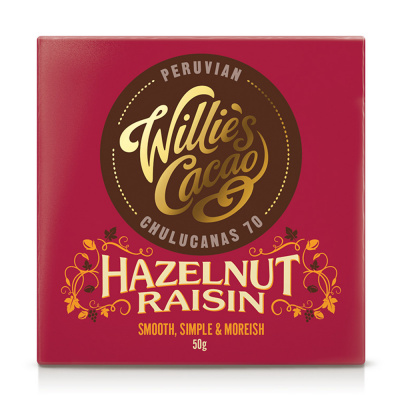 Willie's Cacao čokoláda Peruvian hořká s lískovými oříšky a rozinkami 70 % 50 g