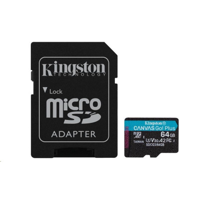 Kingston MicroSDXC karta 64GB Canvas Go! Plus, R:170/W:70MB/s, Class 10, UHS-I, U3, V30, A2 + Adaptér - SDCG3/64GB