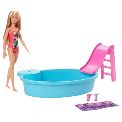 Mattel Barbie panenka blondýnka a bazén se skluzavkou, GHL91