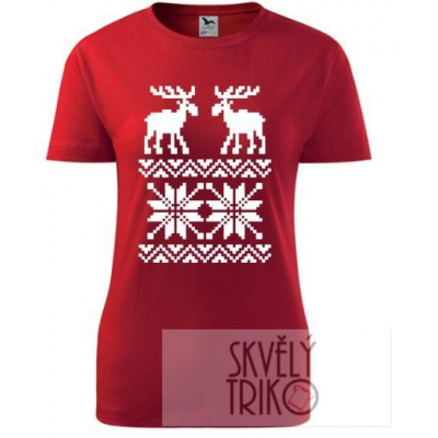 Dámské rodinné tričko s potiskem - s jelenem, sob, se sobem (norský vzor - svetr s jelenem 3)