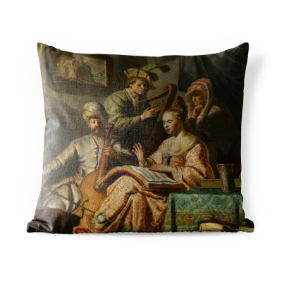 MuchoWow® Vnější polštář - Hudební společnost - Rembrandt van Rijn -50x50 cm- Odolnost pČervenái povětrnostním vlivům - polštář do obývacího pokoje