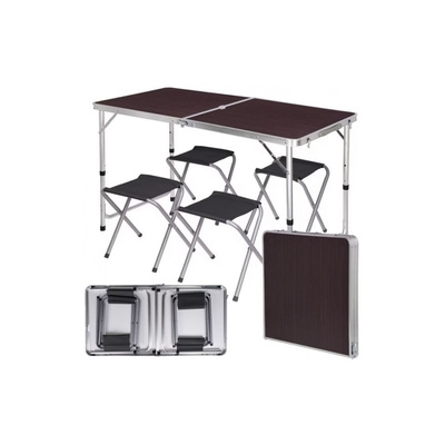 Kempingový hliníkový skládací stůl + 4 židle, hnědý