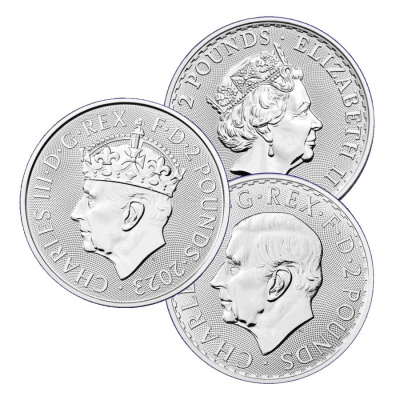 British Royal Mint - Sada 3 stříbrných mincí Britannia 1 oz Elizabeth II., Charles III. a Korunovace (2023)