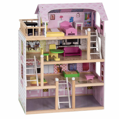 COSTWAY Dřevěný domeček pro panenky se 4 patry Dům pro panenky Barbie Dům na hraní s nábytkem a doplňky 81 x 60,5 x 29,5 cm