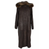 KOŽENÝ dámský hnědý dlouhý zateplený kabát s kapucí s pravou kožešinou 48