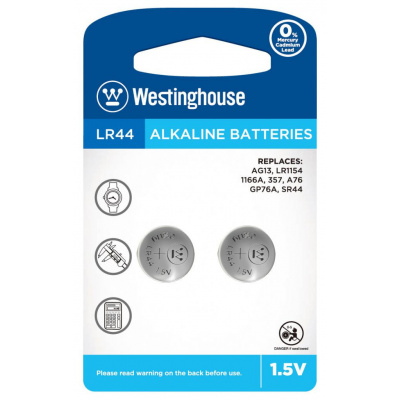 Westinghouse alkalická knoflíková 1,5V baterie LR44, blistr 2 ks