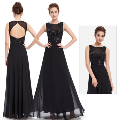 jednoduché dlouhé černé společenské šaty s holými zády Katy S, Velikost S, Barva Černá, Materiál Šifon