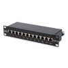 Digitus CAT 6, patch panel třídy E, stíněný, 12 portů RJ45 8P8C, LSA, 1U, 254 mm (10 "), montáž do stojanu, bl RAL 9005 (DN-91612S)