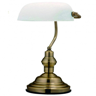 Globo 2492 Antique - Stolní bankéřská lampa, bílé sklo, staromosaz (Bankovní lampička se staromosaznou monturou)