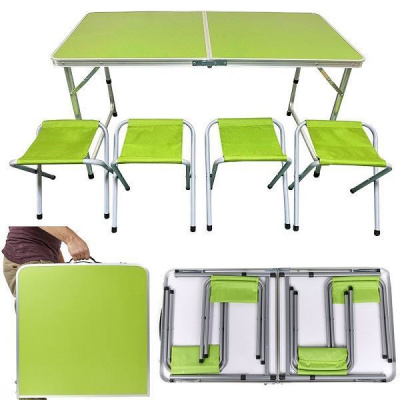 Kempingový hliníkový skládací stůl plus 4 židle, zelený
