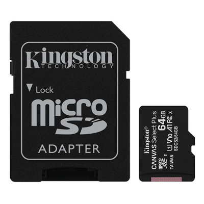 Kingston paměťová karta Canvas Select Plus, 64GB, micro SDXC, SDCS2/64GB, UHS-I U1 (Class 10), s adaptérem, A1