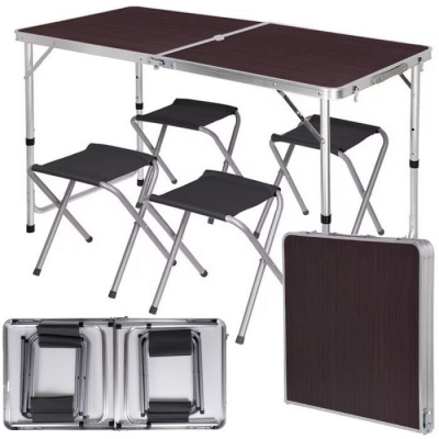 Kempingový hliníkový skládací stůl plus 4 židle, hnědý