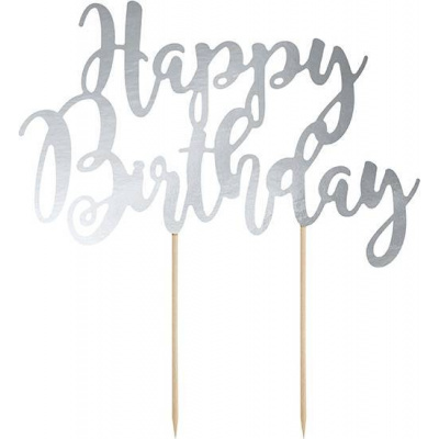 PartyDeco zapichovací dekorace na dort stříbrná Happy Birthday