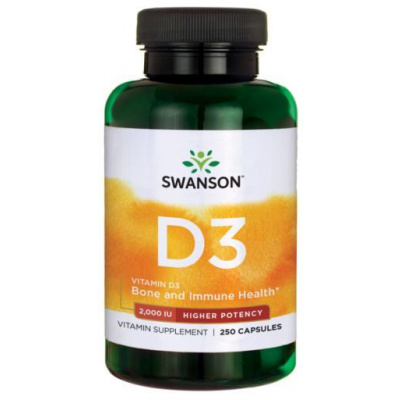 Swanson Vitamin D3, 2000 IU, Vyšší účinnost, 250 kapslí, EXP. Expirace 06/2024