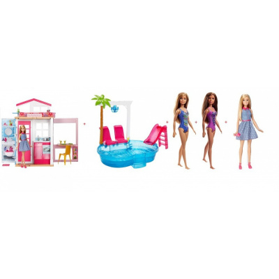 Mattel Barbie DVV48 dům 2v1 a panenka + DGW22 Barbie bazén se skluzavkou + 2 panenky Barbie FXN66