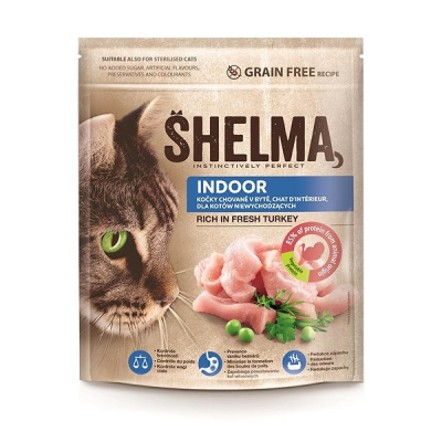 Shelma Indoor bezobilné granule s čerstvým krůtím pro dospělé kočky žijicí v bytě 750 g