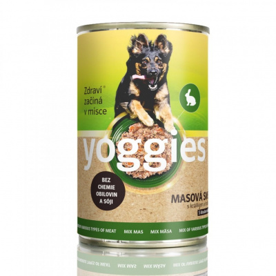 Yoggies konzerva pro psy s masovou směsí (kuře, vepřové, hovězí) králíkem a hráškem 1200 g
