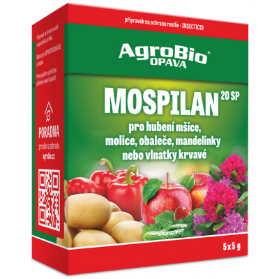 AGRO Mospilan 20 SP 5x5g (Systémově účinný insekticid ve formě ve vodě rozpustného prášku určený k hubení širokého spektra živočišných škůdců v ochraně rostlin, zejména mandelinky bramborové v brambor