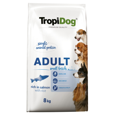 TropiDog Premium Adult SMALL BREEDS – Rich v lososu, s rýží 8kg