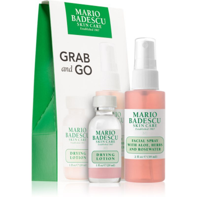 Mario Badescu GRAB and GO Drying Lotion lokální péče proti akné 29 ml + Facial Spray with Aloe, Herbs and Rosewater tonizační pleťová mlha 59 ml