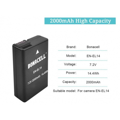 Bonacell Baterie Nikon EN-EL14 2000mAh neoriginální, pro digitální fotoaparáty SLR D3100, D3200, D5100, D5200, D5300, Coolpix P7000, P7100, P7700