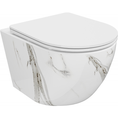 Mexen Lena, závěsná WC mísa Rimless s duroplastovým sedátkem s pomalým zavíráním, imitace mramoru-bílý kámen, 30224094