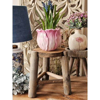 Clayre & Eef Hnědý dekorační květinový dřevěný kulatý stolek - Ø 18*21 cm