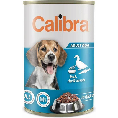 Calibra Dog Duck, rice&carrots in gravy 1240g (Konzerva pro dospělé psy s kachním, rýží a mrkví v omáčce.)