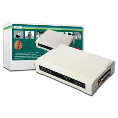 Digitus USB a paralelní tiskový server, 3 porty 1x RJ45, 2x USB A, 1x Centronics DB-36-pinová samec (DN-13006-1)