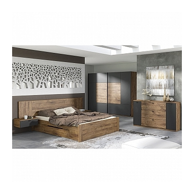 Tempo Kondela Ložnicový komplet (postel 160x200 cm, 2x noční stolek, skříň), dub ribeck/tmavý grafit, ARMENY