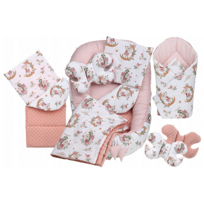 Oboustranné hnízdečko (kokon) pro miminko - BABYMAM PREMIUM set 7v1 - V říši snů s broskvovou minky