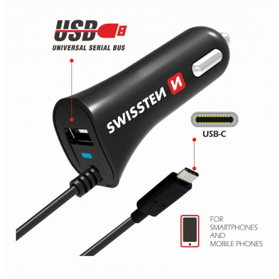 Swissten autonabíječka CL USB-C a USB 2,4A Power