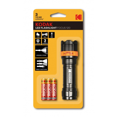 KODAK LED (750mW) Focus 120 Flashlight + 3x AAA Extra Heavy Duty