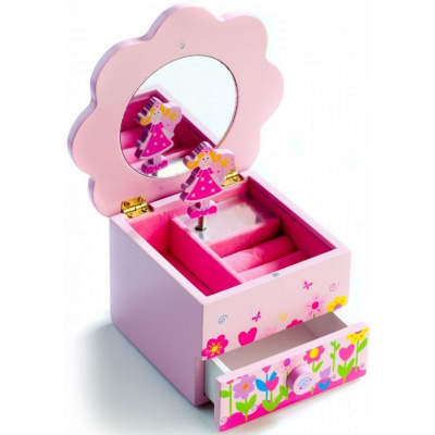 Teddies Skříňka hrající Princess květina 1 šuplíček dřevo 14,5x8x14,5cm v krabici