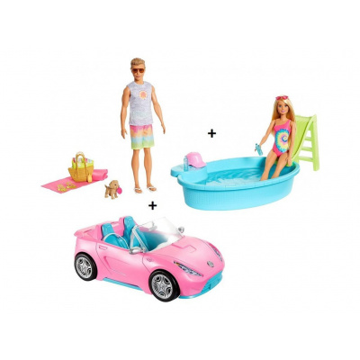 Mattel Barbie GJB71 Elegantní kabriolet + Barbie, bazén se skluzavkou a Ken