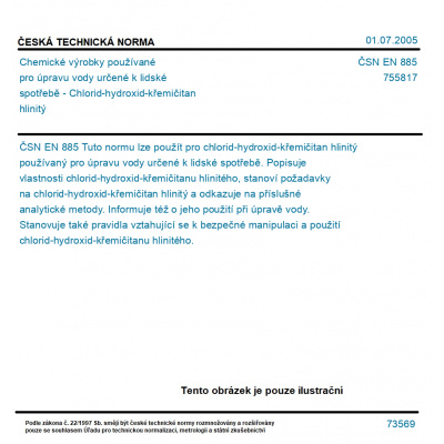 ČSN EN 885 - Chemické výrobky používané pro úpravu vody určené k lidské spotřebě - Chlorid-hydroxid-křemičitan hlinitý - Tisk