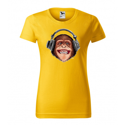 levne-damske-bavlnene-tricko-potisk-opice-sluchatky Velikost dámská trička Basic: XL šířka 56, délka 67, Odstín dámské tričko Basic: Žluté