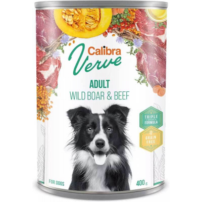 Calibra Dog Verve GF Adult Wild Boar&Beef 400g (Konzerva s divočákem a hovězím pro dospělé psy.)