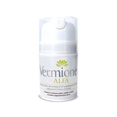 Vermione ALFA je speciální hydratační krém založený na biologickém extraktu z kalifornských žížal. Odstraňuje vrásky, pigmentové skvrny, rosaceu a červené žilky. Nahrazuje léčbu kortikoidy.