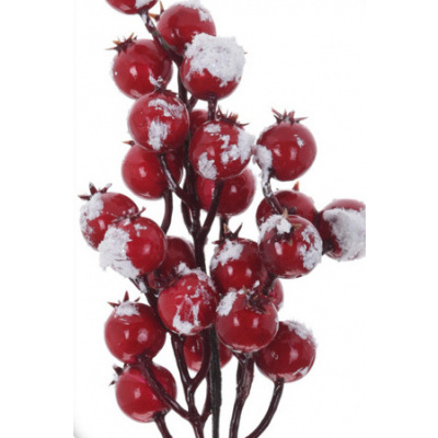 H&L Větvička s bobulemi 37 cm, zasněžená, červená, velké jeřabiny YZH000450