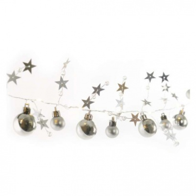 EMOS LED vánoční girlanda, stříbrné koule s hvězdami 1,9 m, 2x AA, vnitřní, teplá bílá, časovač 1 ks, krabice