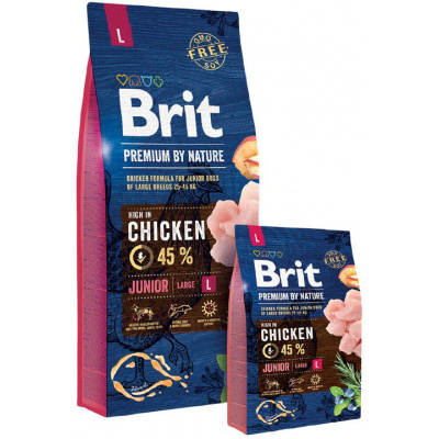 Brit Premium by Nature Junior L 15kg (Pro mladé psy (1-24měsíců) velkých plemen (25-45kg). Kuřecí.)