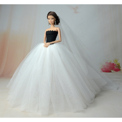 Dlouhé noblesní svatební/večerní šaty pro Barbie panenky Motiv: bílé šaty s černým korezetem