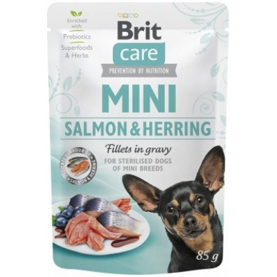 Brit Care Mini Dog kapsička Salmon&Herring sterilised fillets in gravy 85 g (ex.sklad expedujeme do 48 hodin)