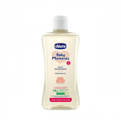 CHICCO Olej masážní s bavlnou a vitamínem E Baby Moments Sensitive 74 % přírodních složek 200 ml